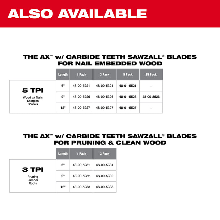 Milwaukee 6" 3 TPI The AX™ with Carbide Teeth for Pruning & Clean Wood SAWZALL® Blade 1PK