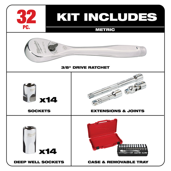 Milwaukee 3/8 in. Drive 32 pc. Ratchet & Socket Set - Metric