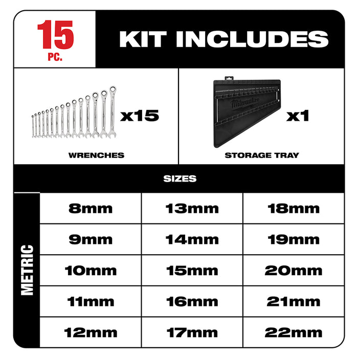 Milwaukee 15pc Ratcheting Combination Wrench Set - Metric