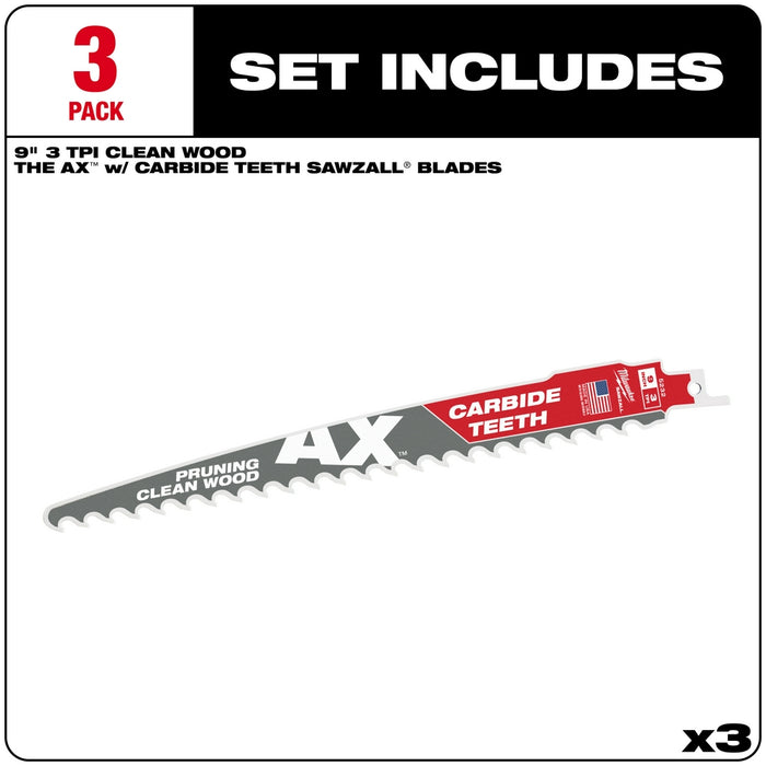 Milwaukee 9" 3 TPI The AX™ with Carbide Teeth for Pruning & Clean Wood SAWZALL® Blade 3PK