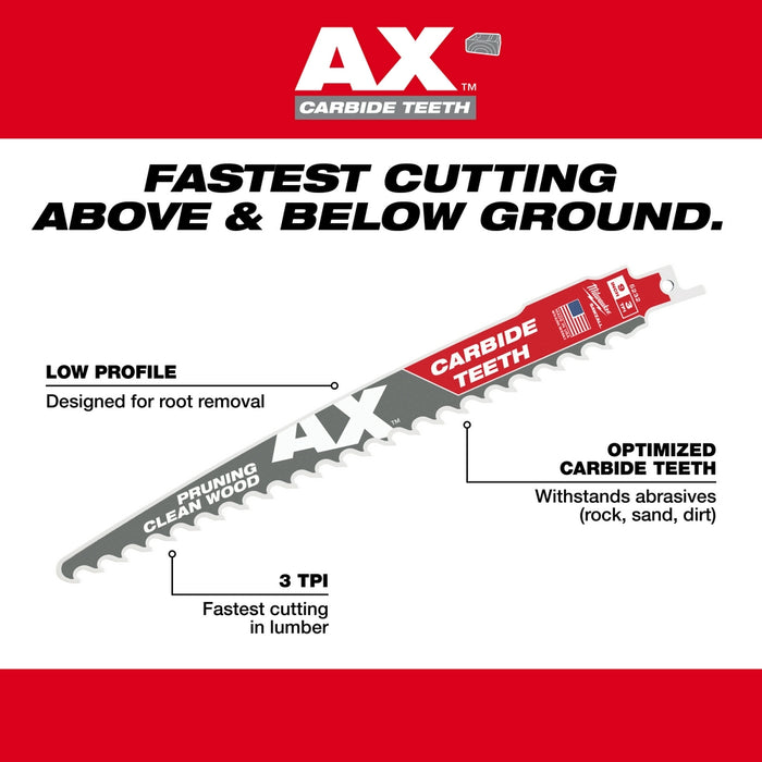 Milwaukee 12" 3 TPI The AX™ with Carbide Teeth for Pruning & Clean Wood SAWZALL® Blade 3PK