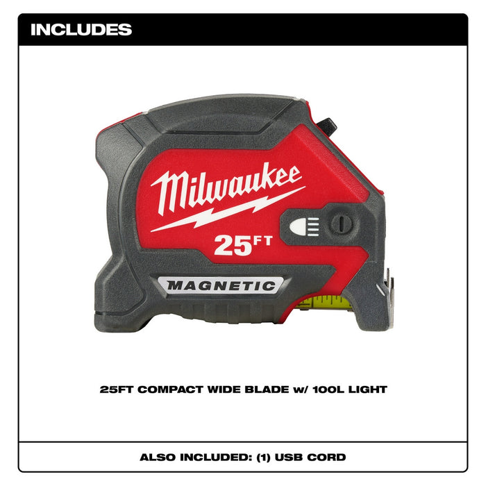 Milwaukee 25ft Compact Wide Blade Magnetic Tape Measure w/ Rechargeable 100L Light