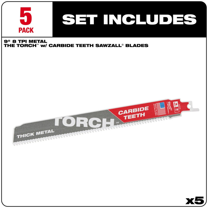 Milwaukee 9" 8TPI THE TORCH™ Carbide Teeth Metal Cutting SAWZALL® Blade 5PK