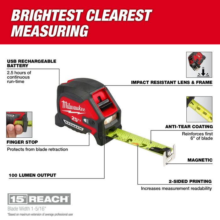 Milwaukee 25ft Compact Wide Blade Magnetic Tape Measure w/ Rechargeable 100L Light