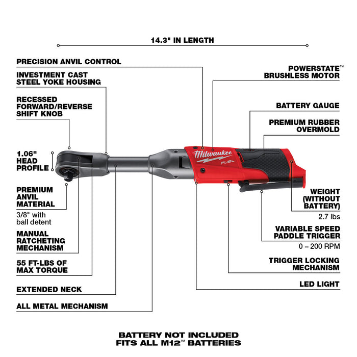 Milwaukee M12 FUEL™ 3/8 in. Extended Reach Ratchet