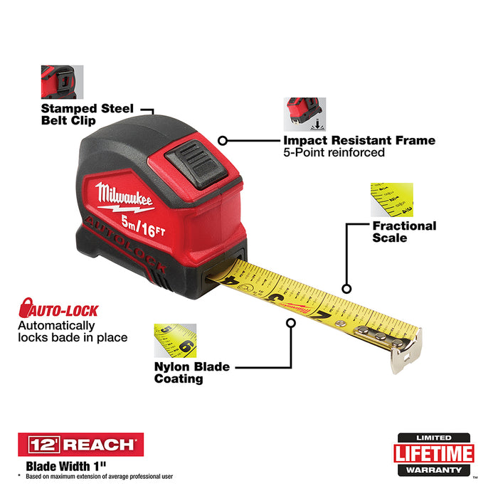 Milwaukee 5m/16' Compact Auto Lock Tape Measure