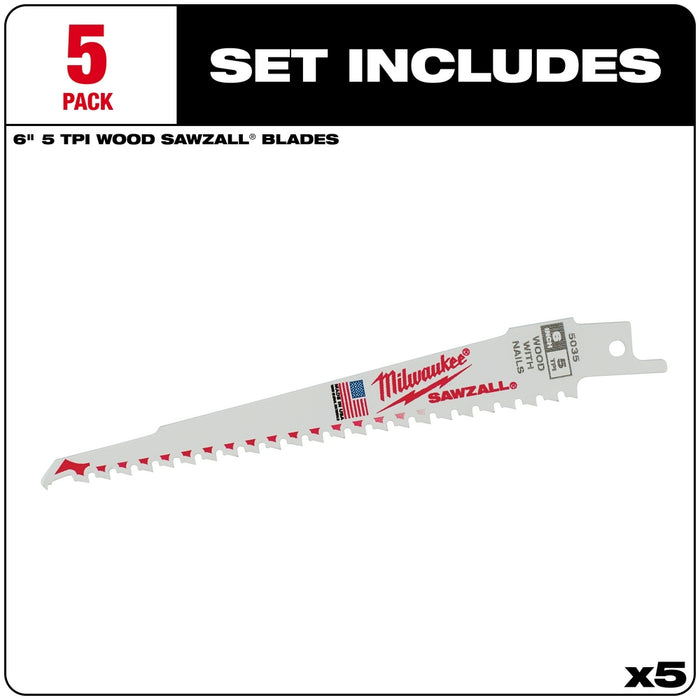 Milwaukee 6 in. 5 TPI SAWZALL® Blades 5PK