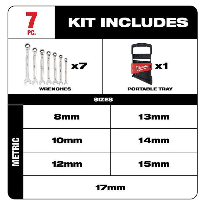 Milwaukee 7pc Ratcheting Combination Wrench Set - Metric