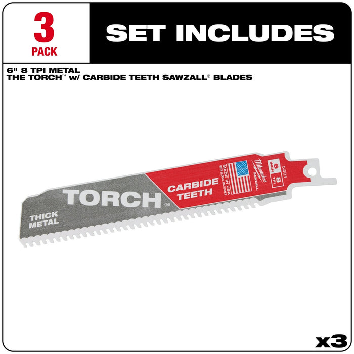 Milwaukee 6" 8TPI The TORCH™ with Carbide Teeth SAWZALL® Blade 3PK