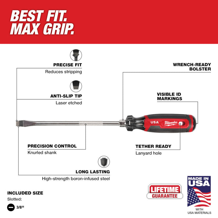 Milwaukee 3/8" Slotted 8" Cushion Grip Screwdriver (USA)