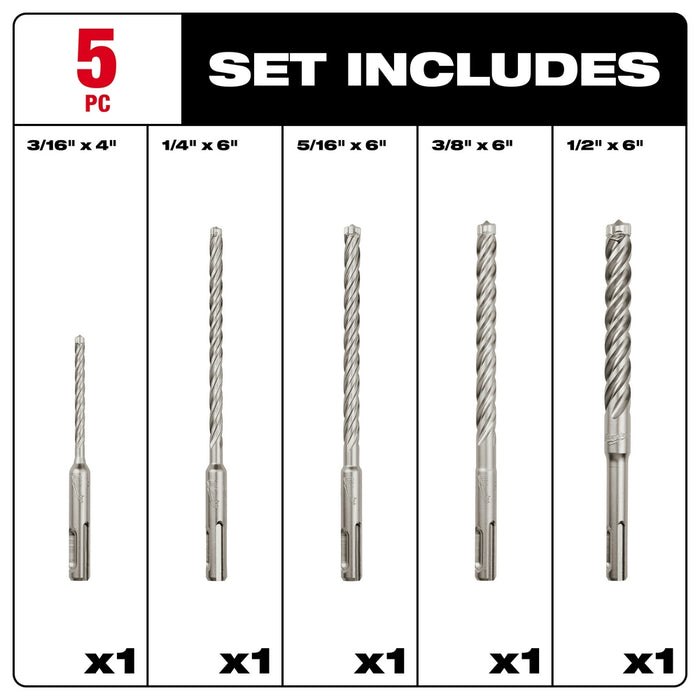 Milwaukee 5-Piece MX4™ 4-Cutter SDS-Plus Rotary Hammer-Drill Bit Kit