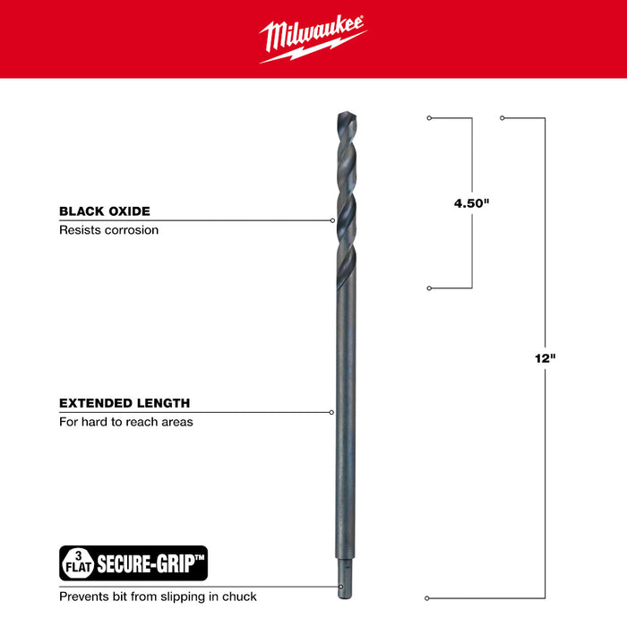 Milwaukee 1/2 in. Aircraft Length Black Oxide Drill Bit