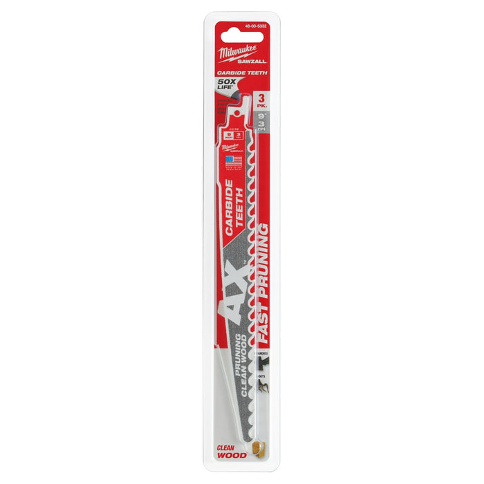 Milwaukee 9" 3 TPI The AX™ with Carbide Teeth for Pruning & Clean Wood SAWZALL® Blade 3PK