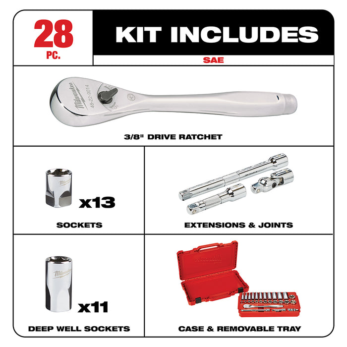 Milwaukee 3/8 in. Drive 28 pc. Ratchet & Socket Set- SAE