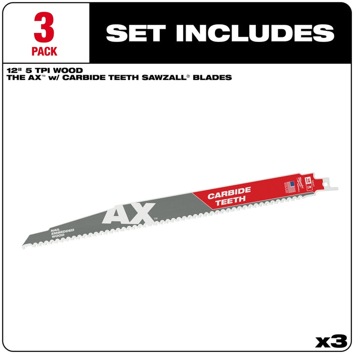 Milwaukee 12 in. 5 TPI The Ax™ Carbide Teeth SAWZALL® Blades 3PK