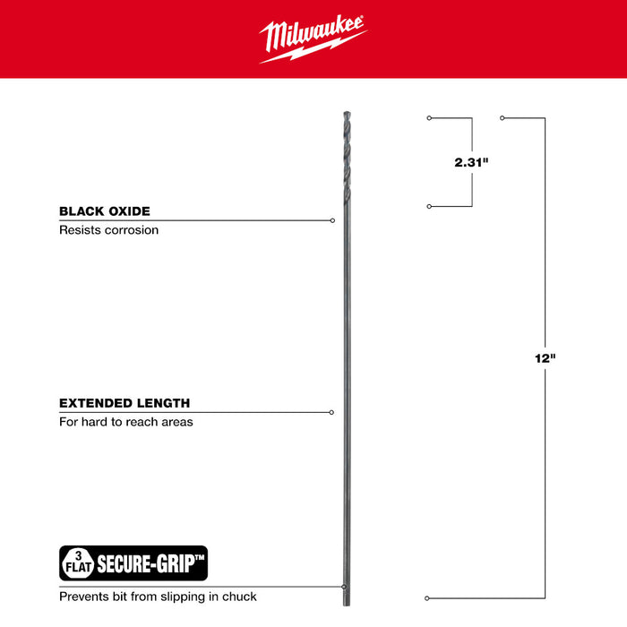 Milwaukee 3/16 in. Aircraft Length Black Oxide Drill Bit