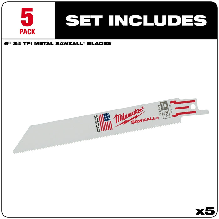 Milwaukee 6 in. 24 TPI Thin Kerf SAWZALL® Blades 5PK