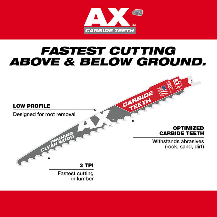 Milwaukee 9" 3 TPI The AX™ with Carbide Teeth for Pruning & Clean Wood SAWZALL® Blade 1PK