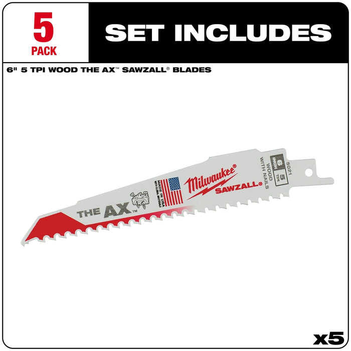 Milwaukee 6 in. 5 TPI the Ax SAWZALL Blades 5PK