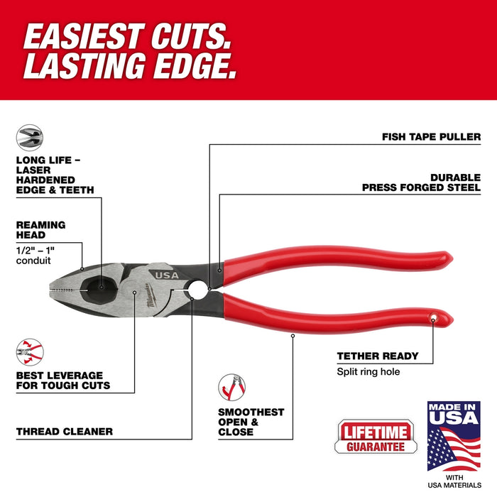 Milwaukee 9" Lineman's Dipped Grip Pliers w/ Thread Cleaner (USA)