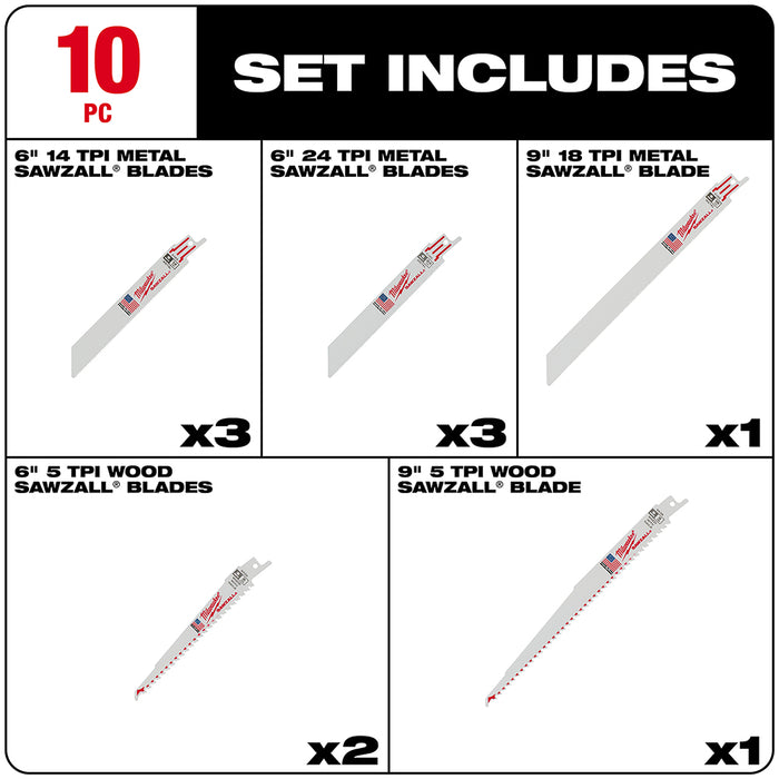 Milwaukee 10 Pc SAWZALL Blade Set