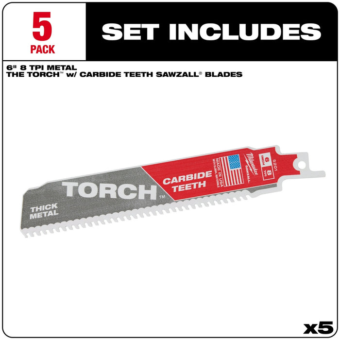 Milwaukee 6" 8TPI THE TORCH™ Carbide Teeth Metal Cutting SAWZALL® Blade 5PK