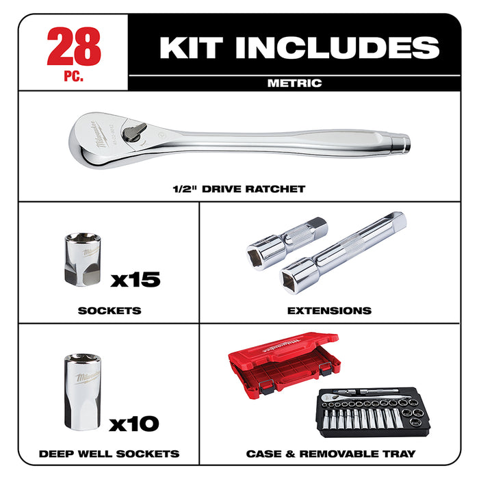 Milwaukee 28 pc. 1/2 in. Socket Wrench Set (Metric)