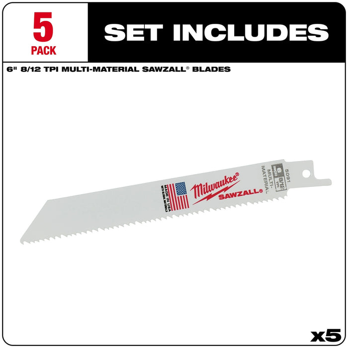 Milwaukee 6 in. 8/12 TPI SAWZALL® Blades 5PK