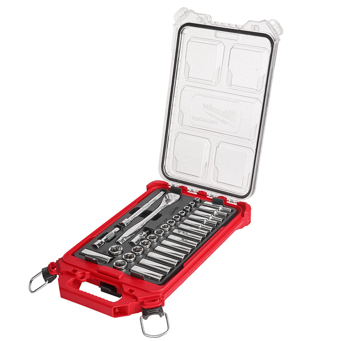 Milwaukee 3/8 in. 32 Pc. Ratchet and Socket Set in PACKOUT™ - Metric