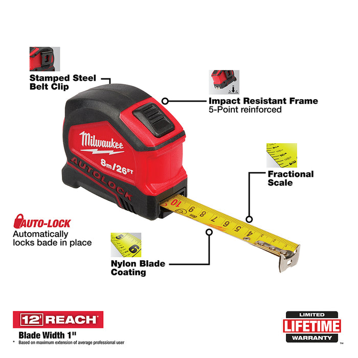 Milwaukee 8m/26' Compact Auto Lock Tape Measure