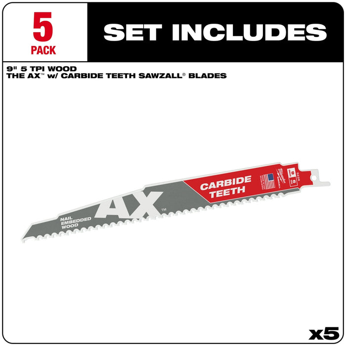 Milwaukee 9 in. 5 TPI The Ax™ Carbide Teeth SAWZALL® Blades 5PK