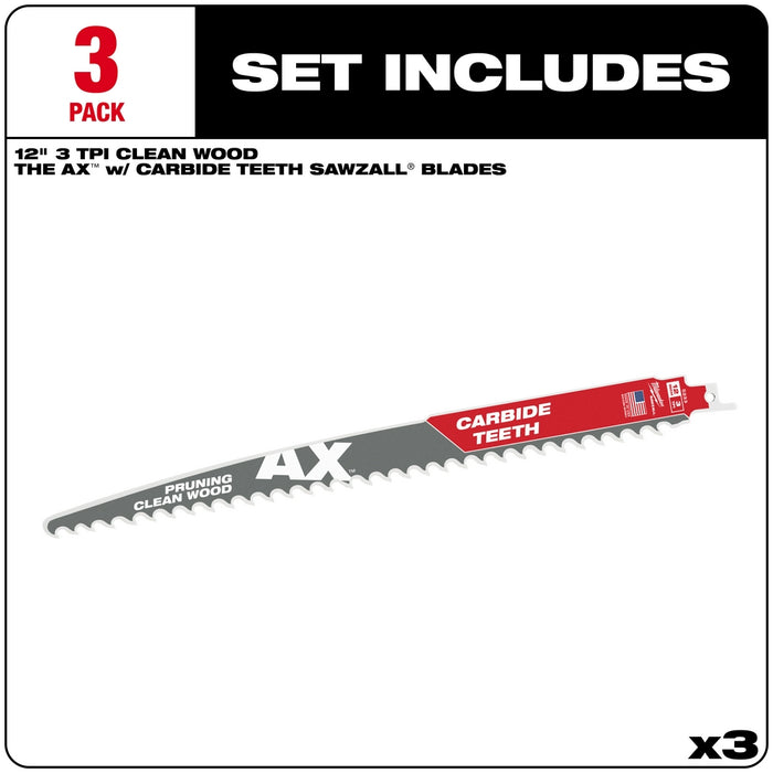 Milwaukee 12" 3 TPI The AX™ with Carbide Teeth for Pruning & Clean Wood SAWZALL® Blade 3PK