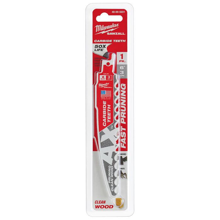 Milwaukee 6" 3 TPI The AX™ with Carbide Teeth for Pruning & Clean Wood SAWZALL® Blade 1PK