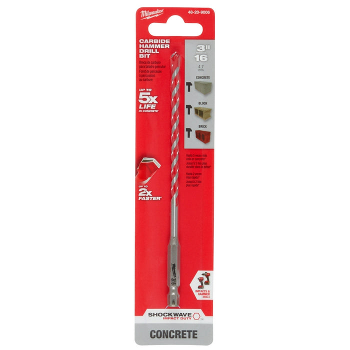 Milwaukee 3/16 in. x 4 in. x 6 in. SHOCKWAVE™ Carbide Hammer Drill Bit