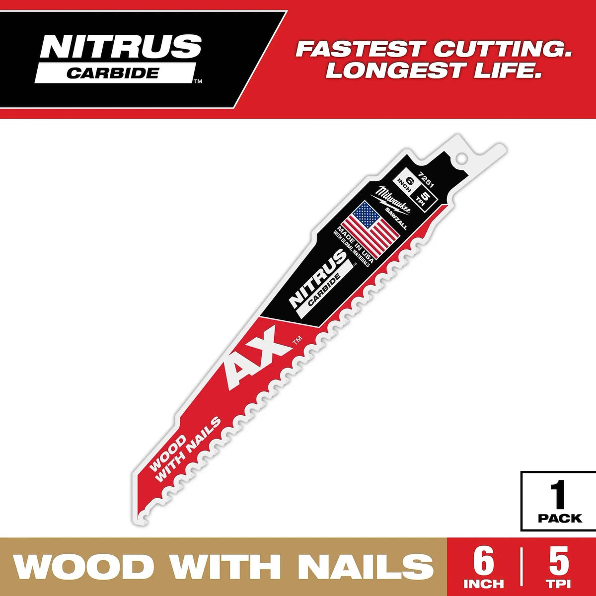 Milwaukee Tool Power Tools Accessories 6" 5 TPI AX™ w/NITRUS™ Carbide Teeth SAWZALL® Blade for Wood with Nails