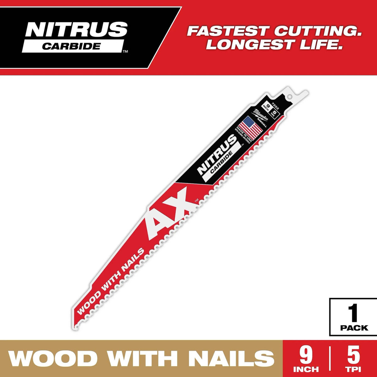 Milwaukee Tool Power Tools Accessories 9" 5 TPI AX™ w/NITRUS™ Carbide Teeth SAWZALL® Blade for Wood with Nails