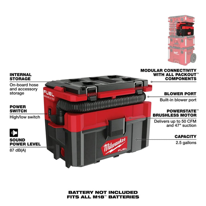 Milwaukee Tool Tools M18 FUEL™ PACKOUT™ 2.5 Gallon Wet/Dry Vacuum