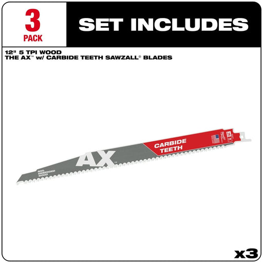 Milwaukee Tool Milwaukee 12 in. 5 TPI The Ax™ Carbide Teeth SAWZALL® Blades 3PK