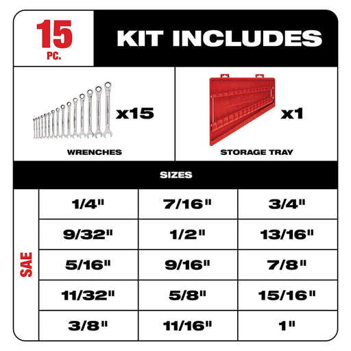 Milwaukee Tool Milwaukee 15pc Ratcheting Combination Wrench Set - SAE