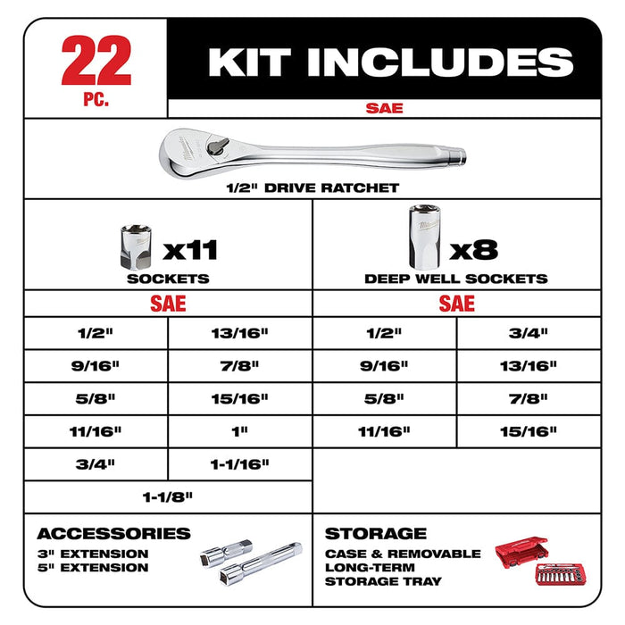 Milwaukee Tool Milwaukee 22 pc. 1/2 in. Socket Wrench Set (SAE)