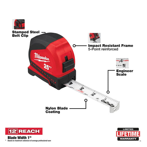 Milwaukee Tool Milwaukee 25' Compact Tape Measure w/ Engineer Scale