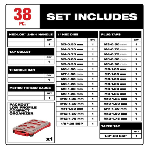 Milwaukee Tool Tool Storage Milwaukee 38PC Metric Tap & Die PACKOUT™ Set w/ Hex-LOK™ 2-in-1 Handle