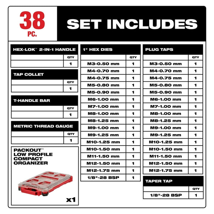 Milwaukee Tool Tool Storage Milwaukee 38PC Metric Tap & Die PACKOUT™ Set w/ Hex-LOK™ 2-in-1 Handle