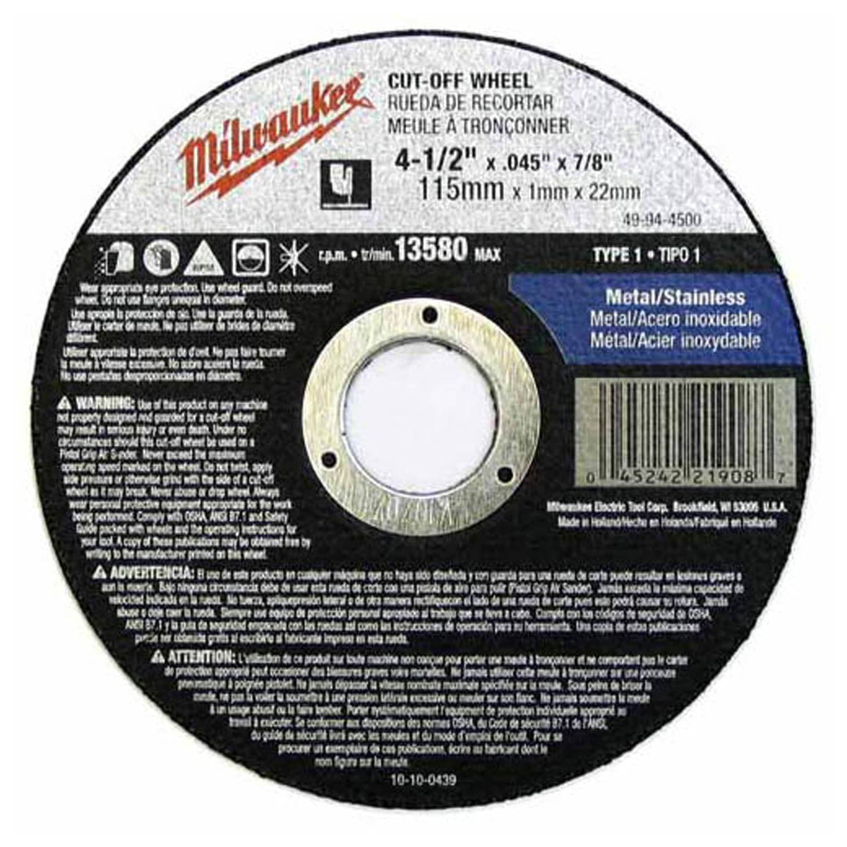 Milwaukee Tool Milwaukee 4-1/2 in. x .045 in. x 7/8 in. Cut-Off Wheel (Type 1)