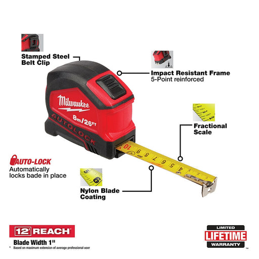 Milwaukee Tool Milwaukee 8m/26' Compact Auto Lock Tape Measure