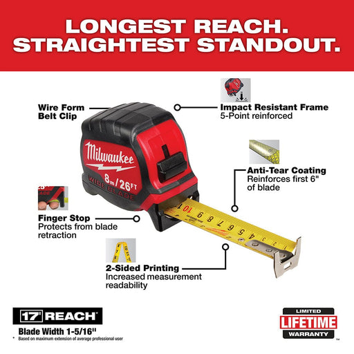 Milwaukee Tool Milwaukee 8M/26Ft Wide Blade Tape Measure