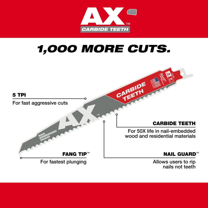 Milwaukee Tool Power Tools Accessories Milwaukee 9 in. 5 TPI The Ax™ Carbide Teeth SAWZALL® Blades 5PK