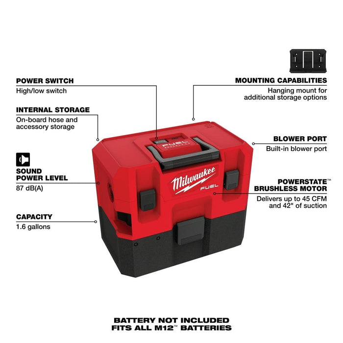 Milwaukee Tool Milwaukee M12 FUEL™ 1.6 Gallon Wet/Dry Vacuum