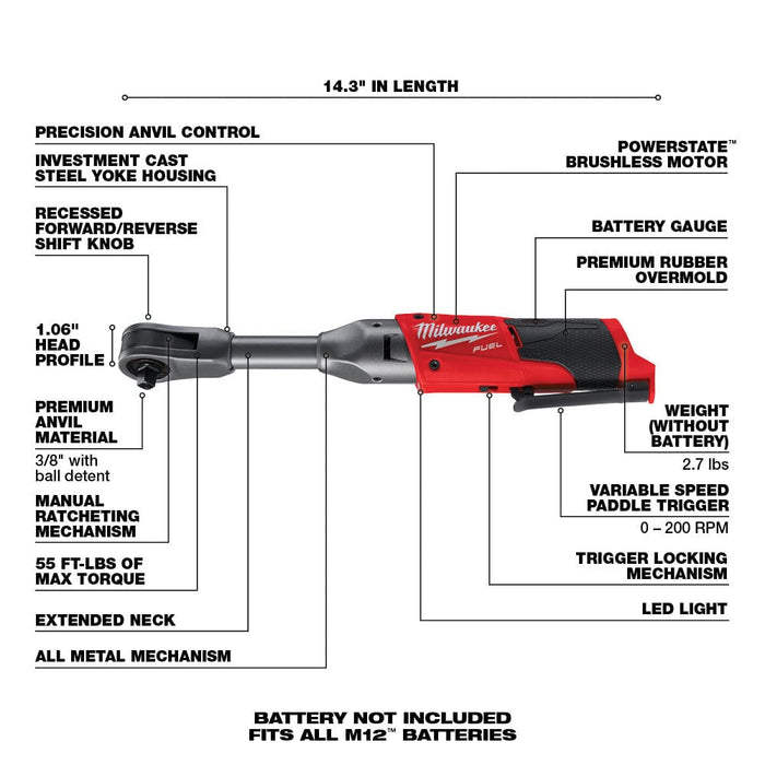 Milwaukee Tool Tools Milwaukee M12 FUEL™ 3/8 in. Extended Reach Ratchet