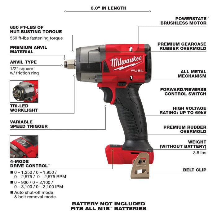 Milwaukee Tool Tools Milwaukee M18 FUEL™ 1/2 Mid-Torque Impact Wrench w/ Friction Ring